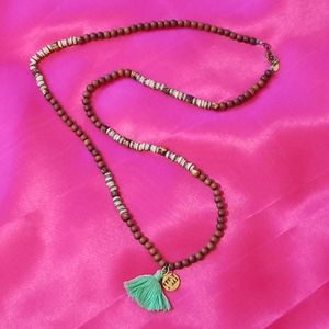 Wood Bead necklace bravery medallion/tassel